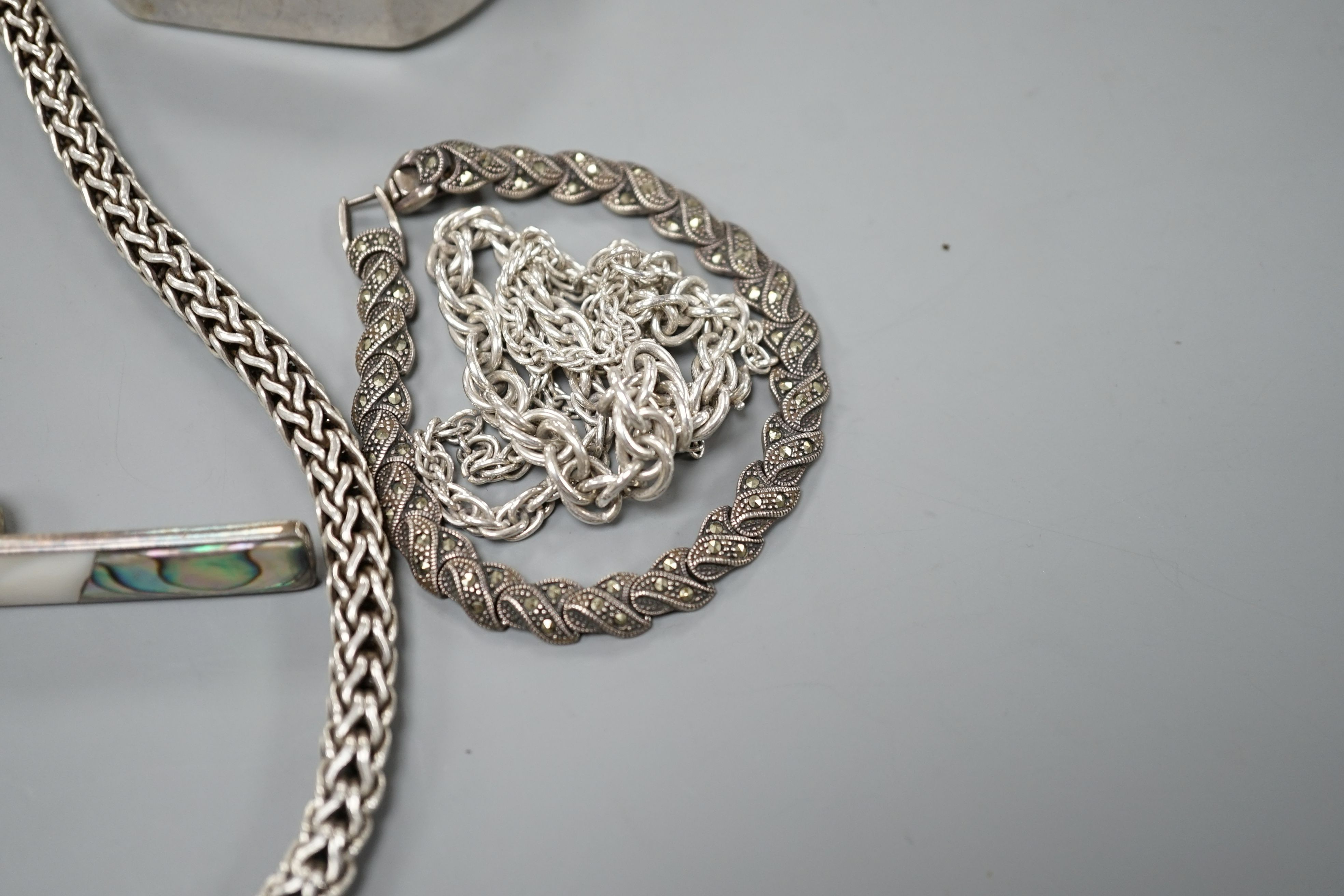 Assorted white metal jewellery including oval locket on albertina, 925 necklace and bracelet, bangles bracelets etc.